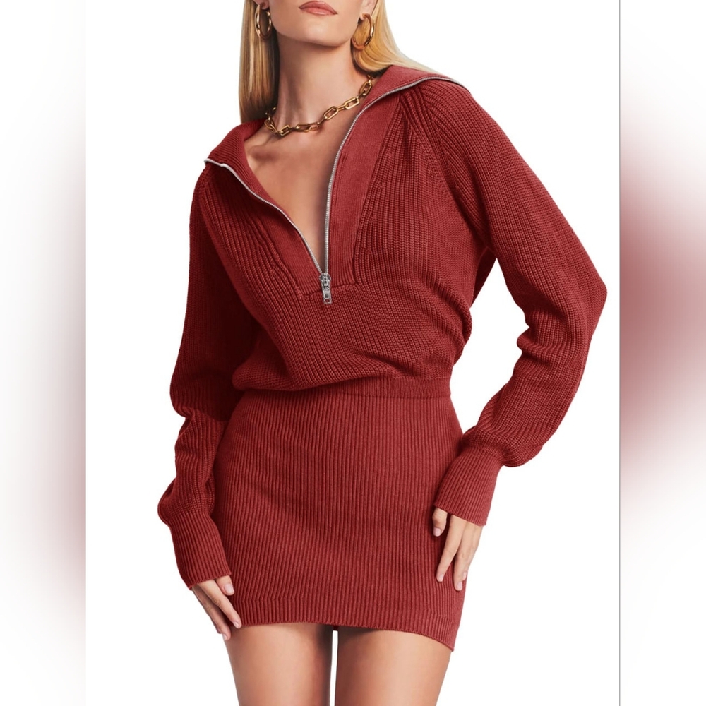 Chic V-Neck Red Sweater Dress